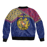 Personalized Armenia Sleeve Zip Bomber Jacket Golden Eagle And Lion Khachkar