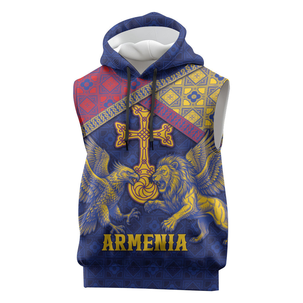 Personalized Armenia Sleeveless Hoodie Golden Eagle And Lion Khachkar
