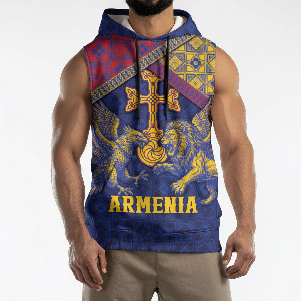 Personalized Armenia Sleeveless Hoodie Golden Eagle And Lion Khachkar