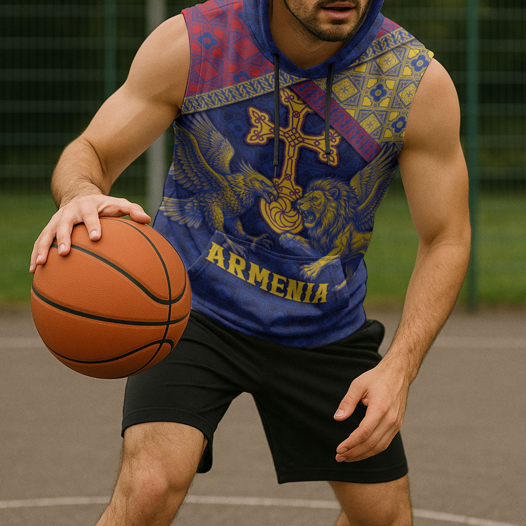 Personalized Armenia Sleeveless Hoodie Golden Eagle And Lion Khachkar