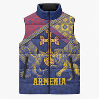 Personalized Armenia Sleeveless Puffer Jacket Golden Eagle And Lion Khachkar