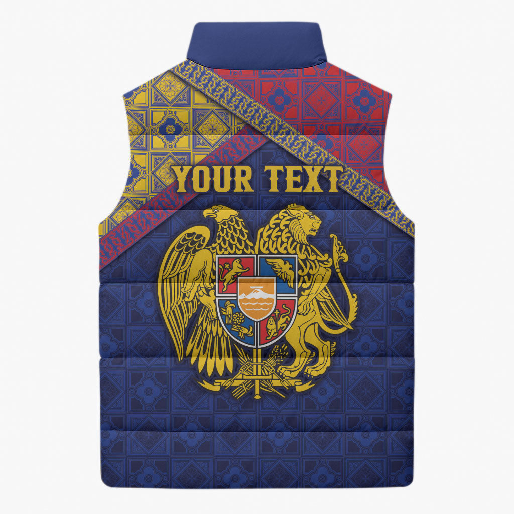 Personalized Armenia Sleeveless Puffer Jacket Golden Eagle And Lion Khachkar