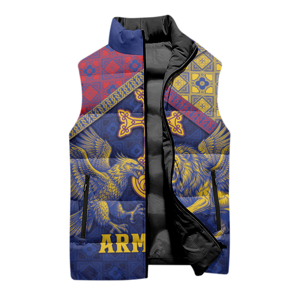 Personalized Armenia Sleeveless Puffer Jacket Golden Eagle And Lion Khachkar