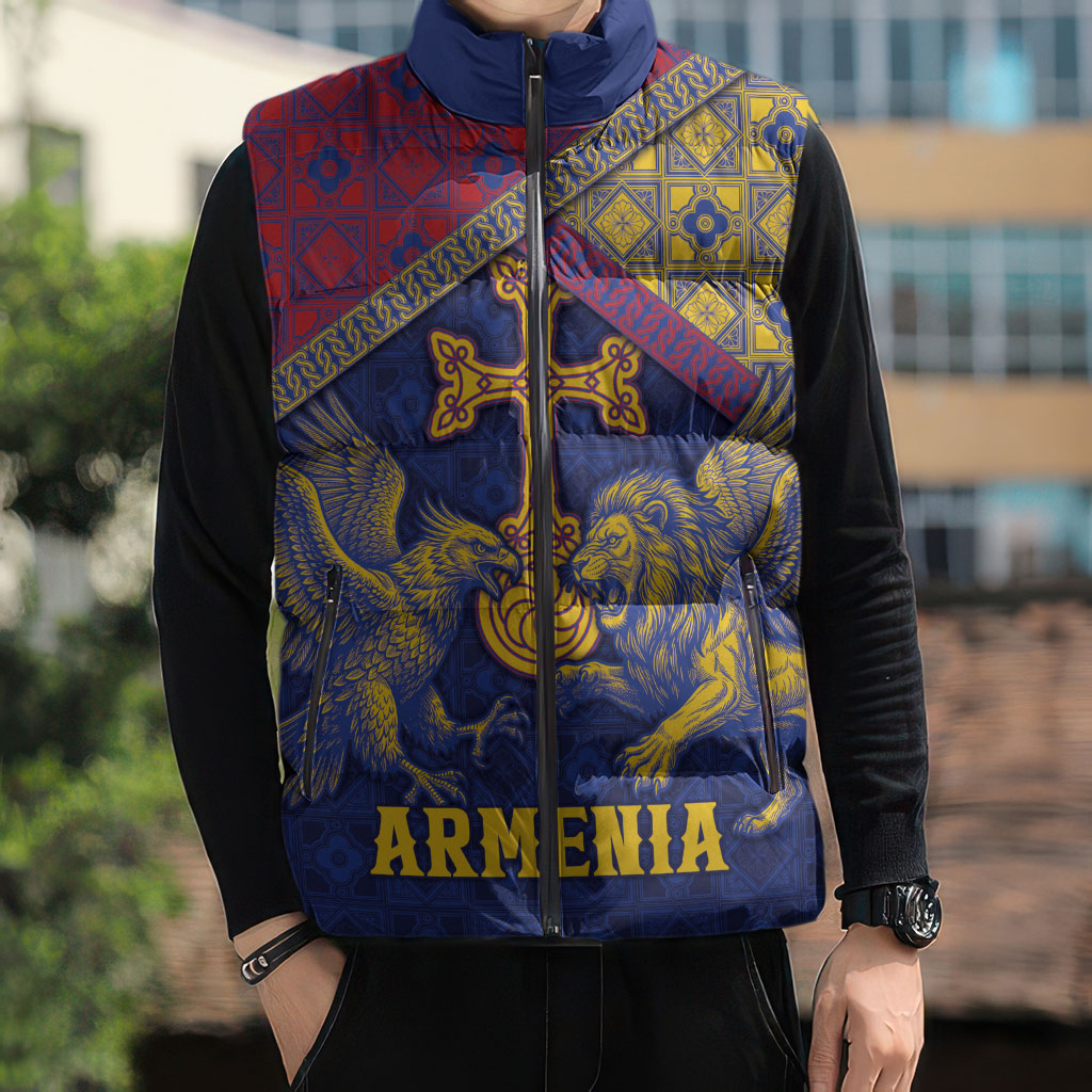Personalized Armenia Sleeveless Puffer Jacket Golden Eagle And Lion Khachkar