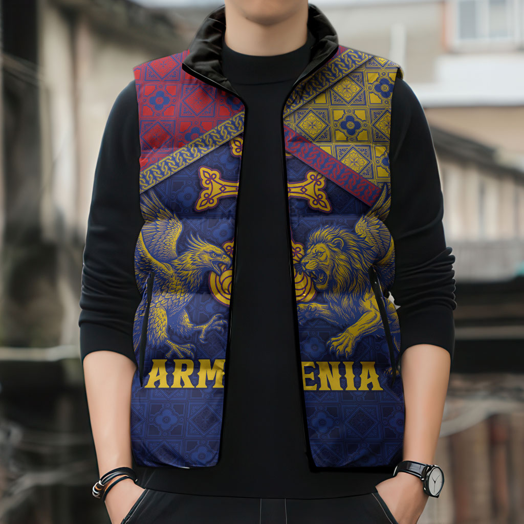 Personalized Armenia Sleeveless Puffer Jacket Golden Eagle And Lion Khachkar