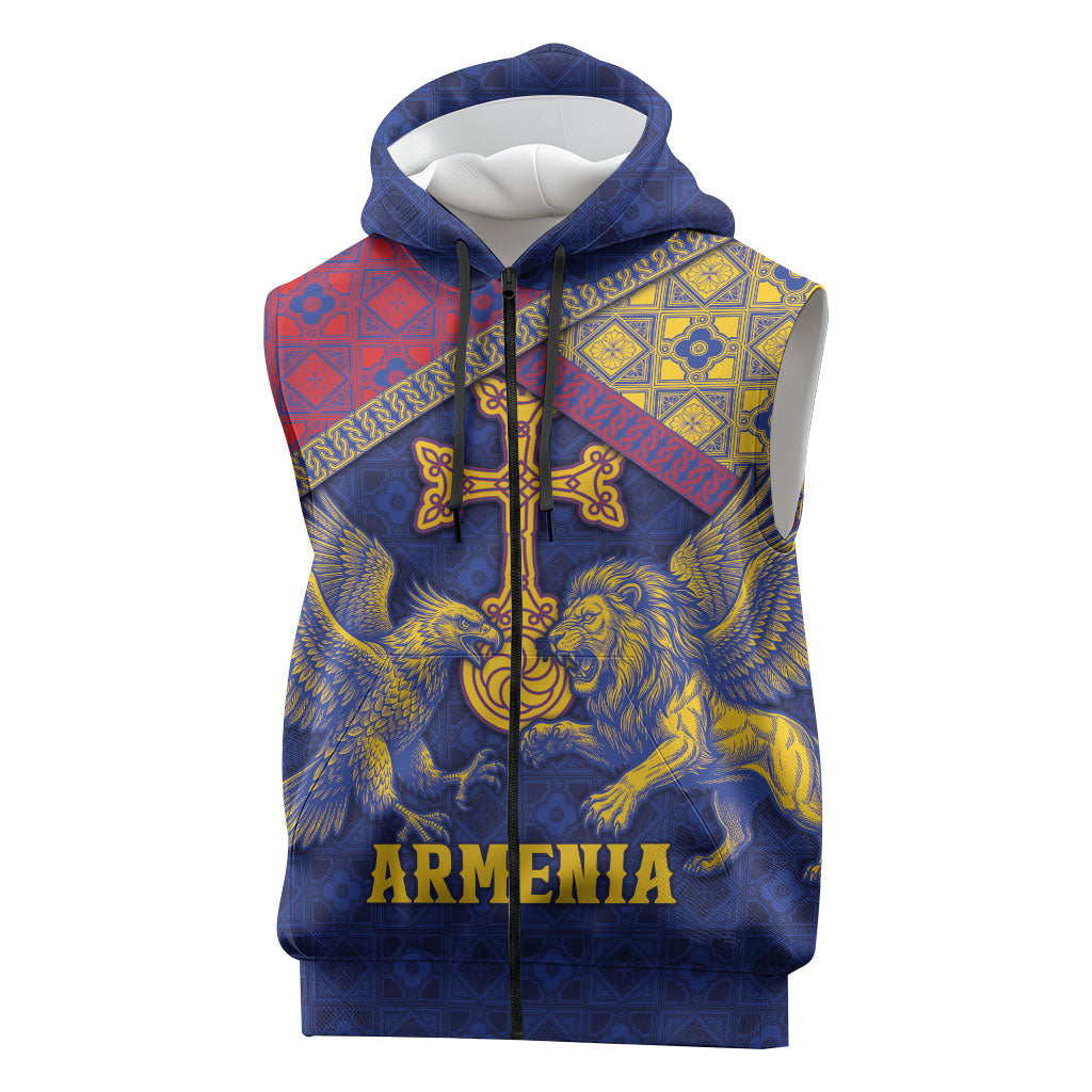 Personalized Armenia Sleeveless Zip Hoodie Golden Eagle And Lion Khachkar