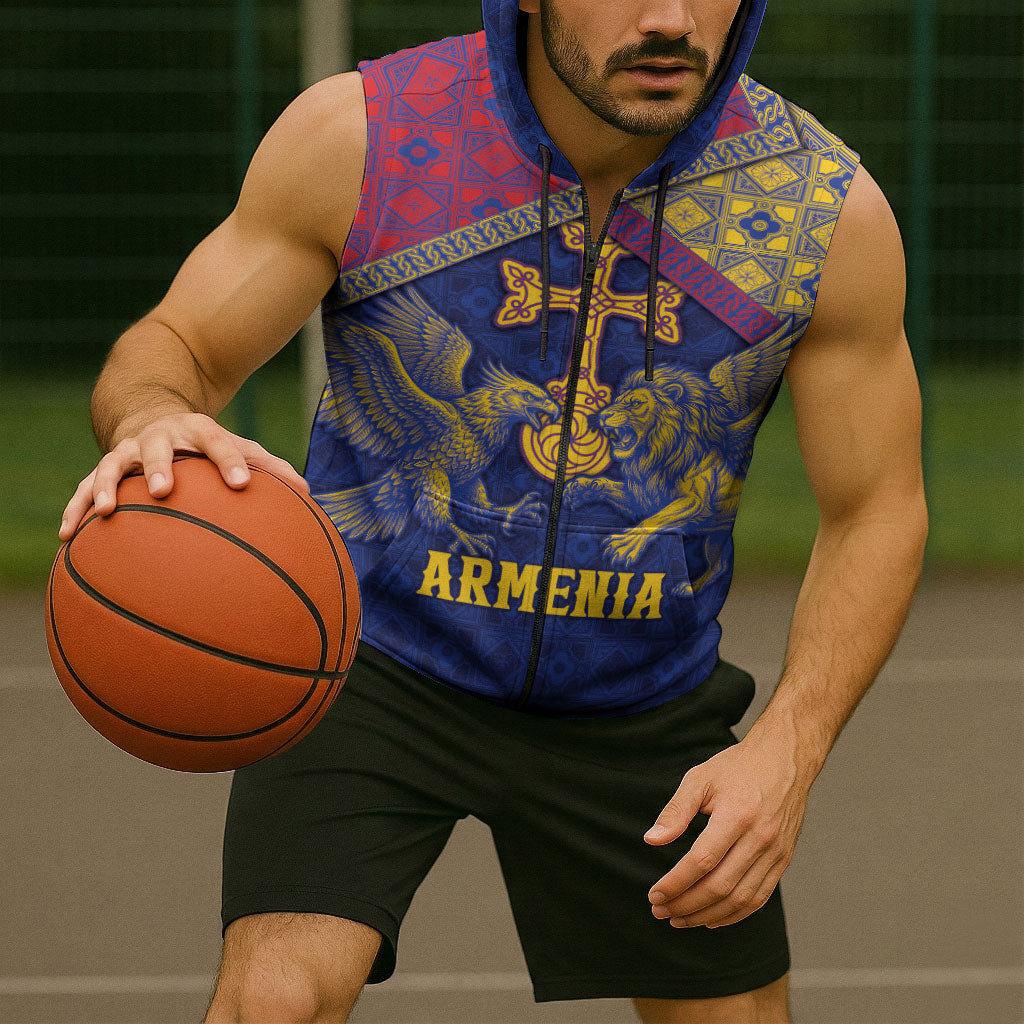 Personalized Armenia Sleeveless Zip Hoodie Golden Eagle And Lion Khachkar