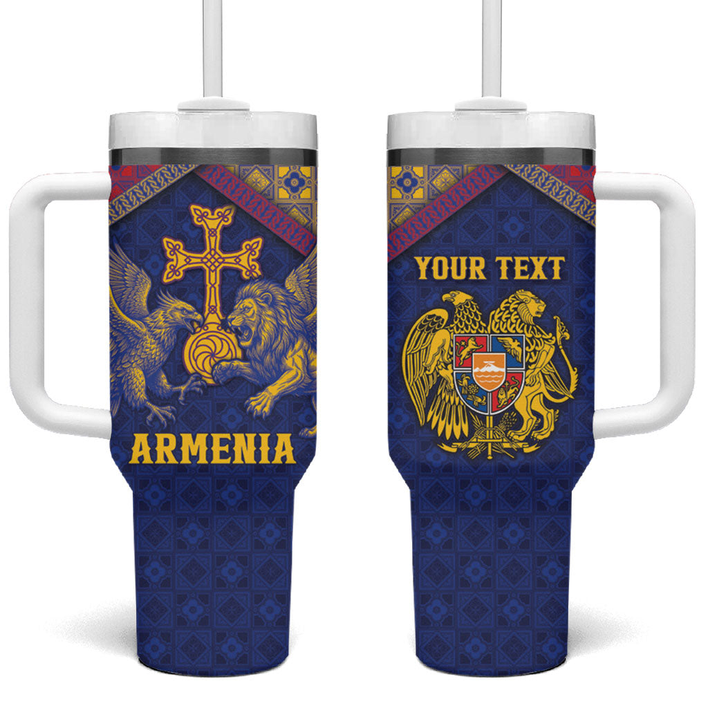 Personalized Armenia Tumbler With Handle Golden Eagle And Lion Khachkar