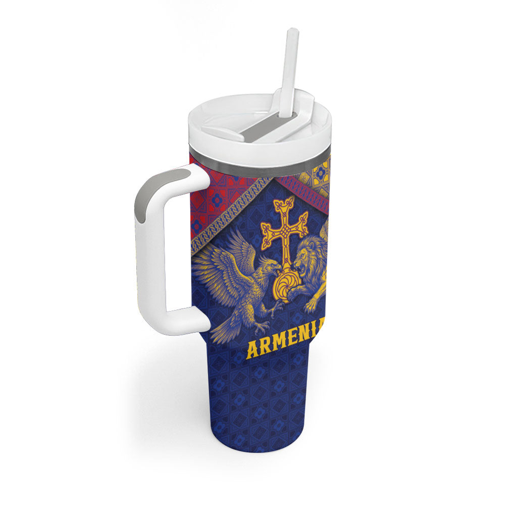 Personalized Armenia Tumbler With Handle Golden Eagle And Lion Khachkar