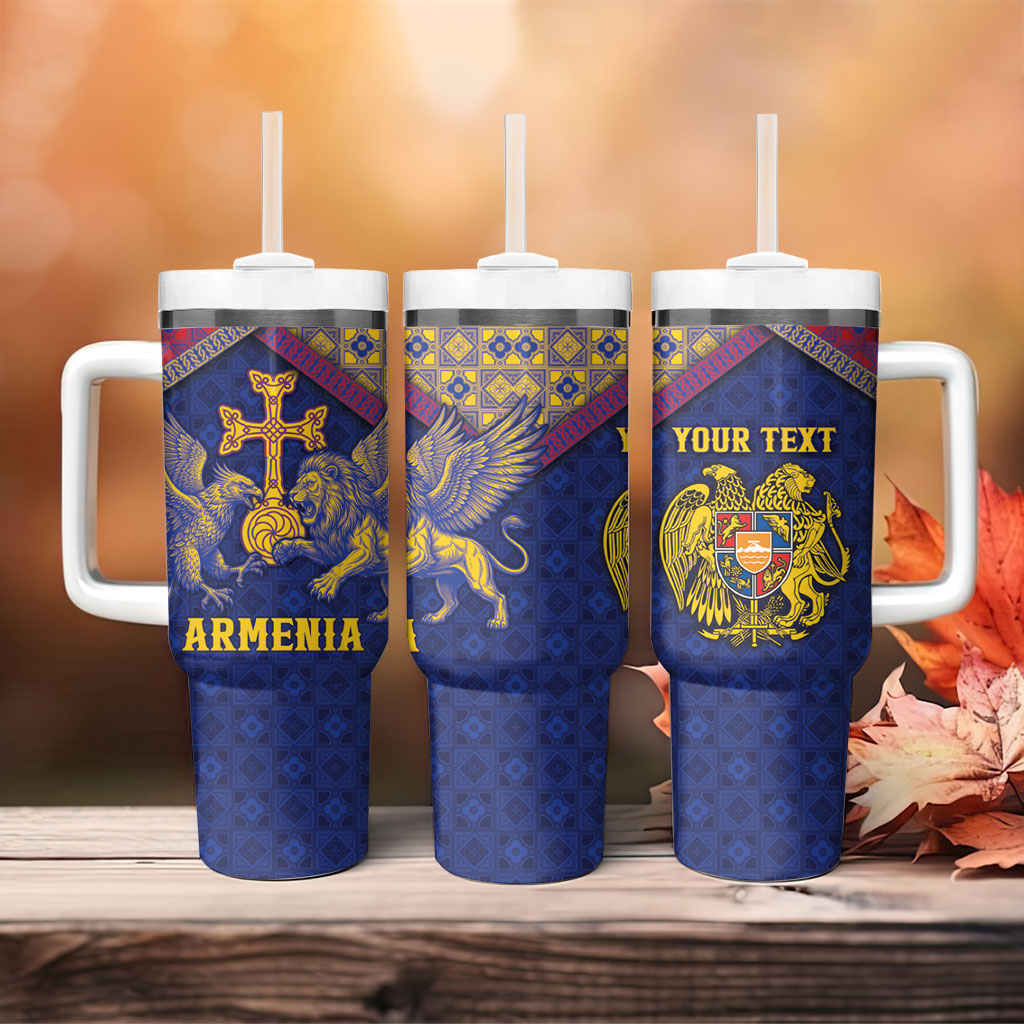 Personalized Armenia Tumbler With Handle Golden Eagle And Lion Khachkar