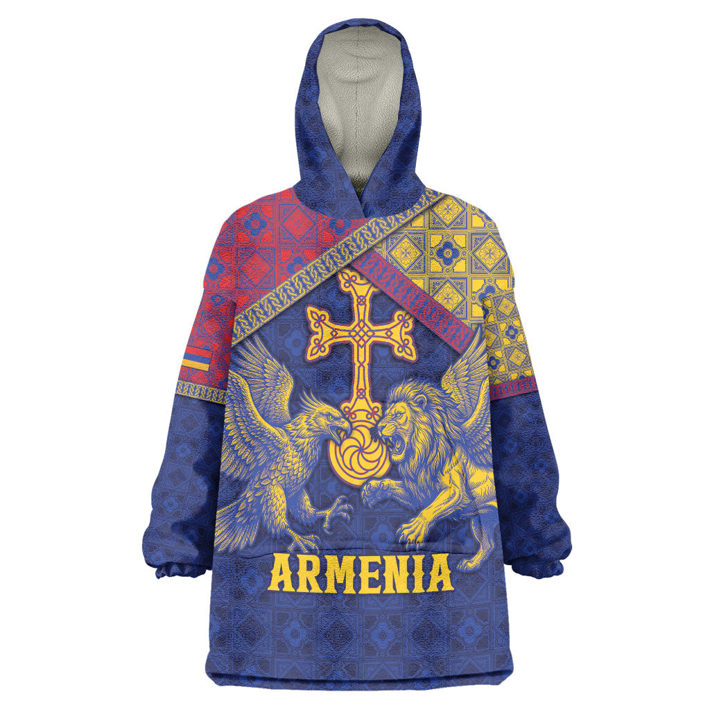 Personalized Armenia Wearable Blanket Hoodie Golden Eagle And Lion Khachkar