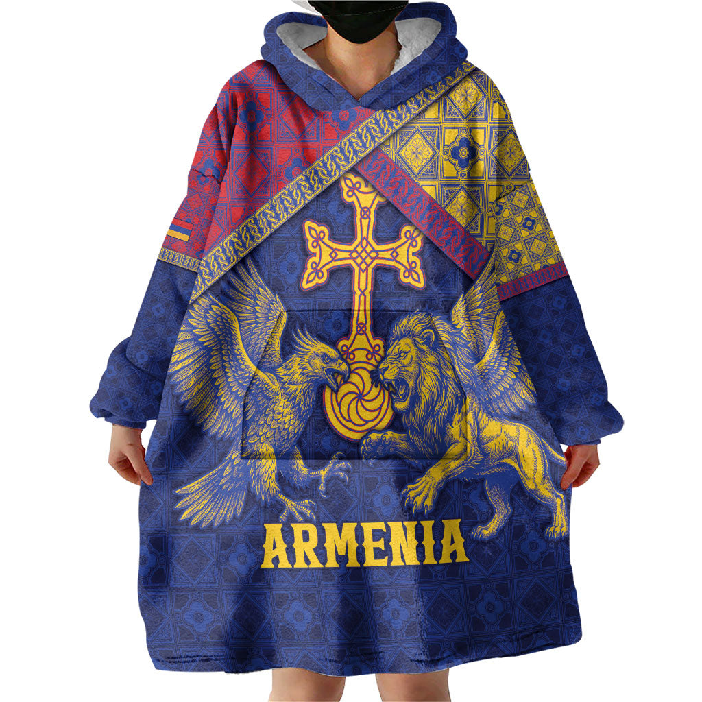 Personalized Armenia Wearable Blanket Hoodie Golden Eagle And Lion Khachkar