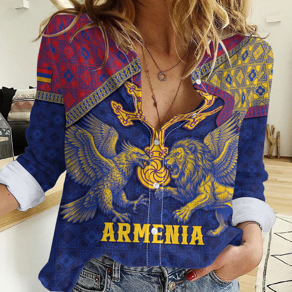 Personalized Armenia Women Casual Shirt Golden Eagle And Lion Khachkar