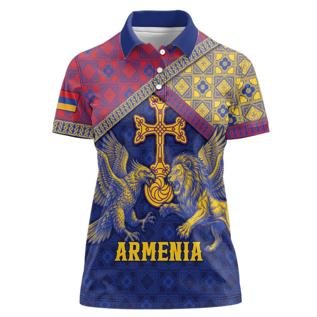 Personalized Armenia Women Polo Shirt Golden Eagle And Lion Khachkar