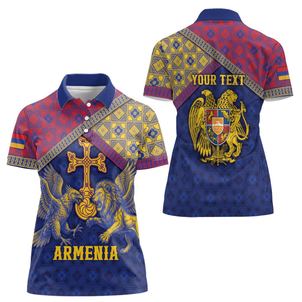 Personalized Armenia Women Polo Shirt Golden Eagle And Lion Khachkar