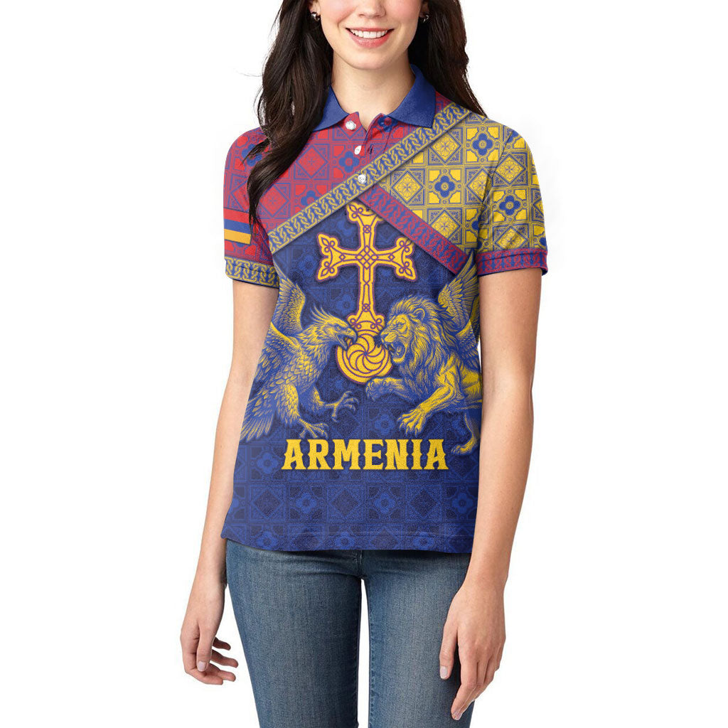 Personalized Armenia Women Polo Shirt Golden Eagle And Lion Khachkar
