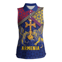 Personalized Armenia Women Sleeveless Polo Shirt Golden Eagle And Lion Khachkar