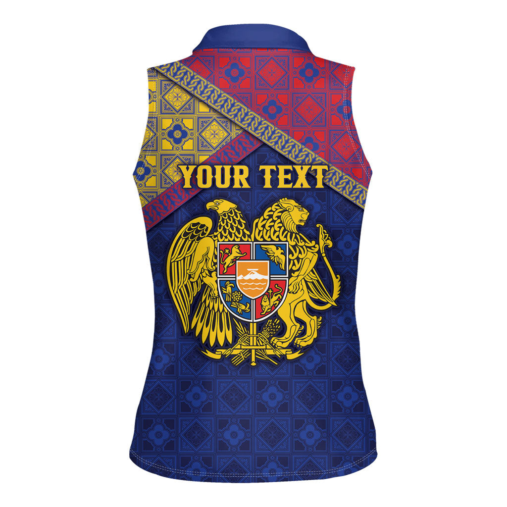 Personalized Armenia Women Sleeveless Polo Shirt Golden Eagle And Lion Khachkar