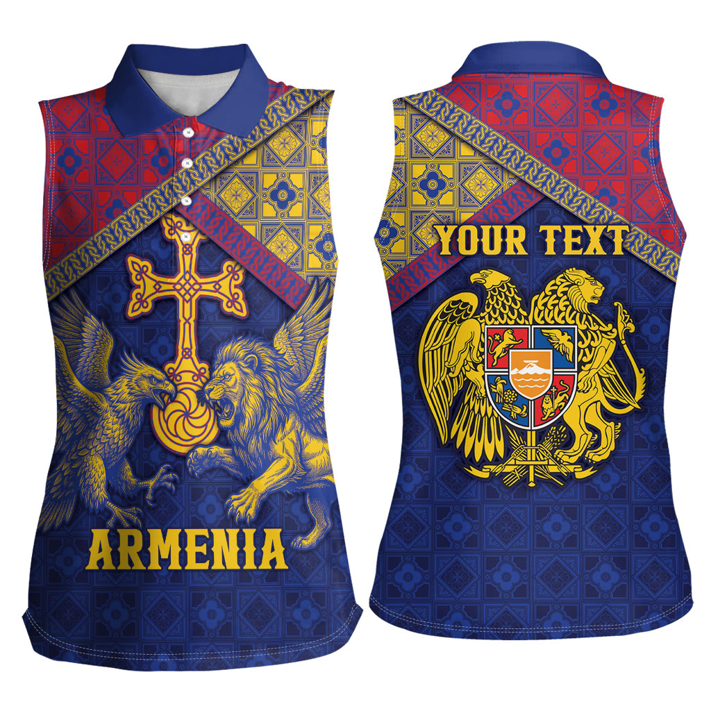 Personalized Armenia Women Sleeveless Polo Shirt Golden Eagle And Lion Khachkar
