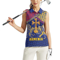 Personalized Armenia Women Sleeveless Polo Shirt Golden Eagle And Lion Khachkar