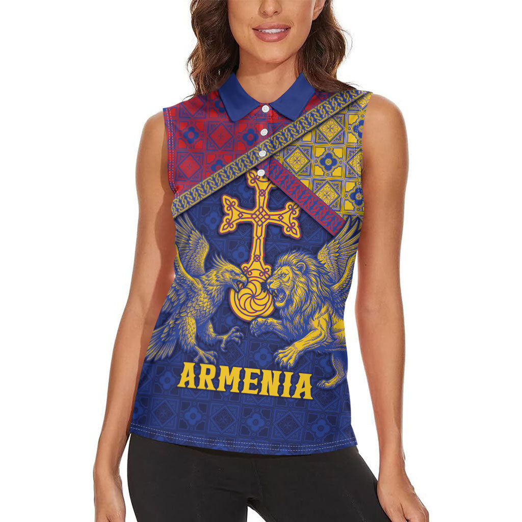 Personalized Armenia Women Sleeveless Polo Shirt Golden Eagle And Lion Khachkar