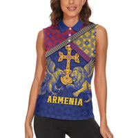 Personalized Armenia Women Sleeveless Polo Shirt Golden Eagle And Lion Khachkar
