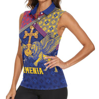 Personalized Armenia Women Sleeveless Polo Shirt Golden Eagle And Lion Khachkar