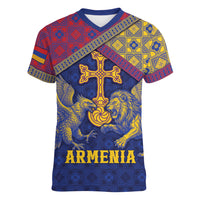 Personalized Armenia Women V-Neck T-Shirt Golden Eagle And Lion Khachkar