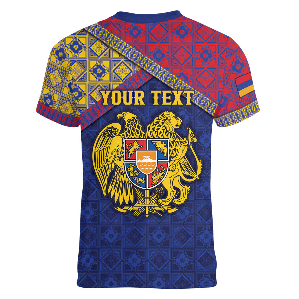 Personalized Armenia Women V-Neck T-Shirt Golden Eagle And Lion Khachkar