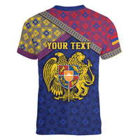 Personalized Armenia Women V-Neck T-Shirt Golden Eagle And Lion Khachkar