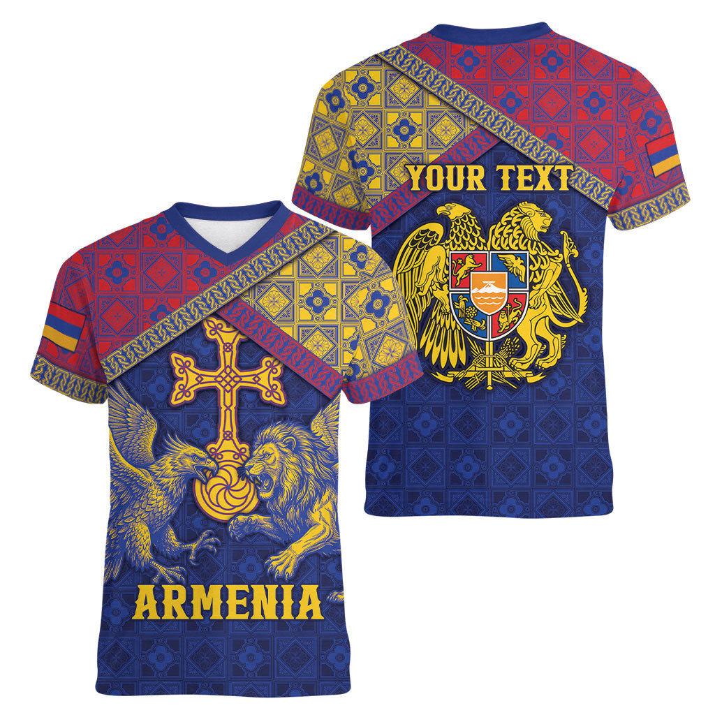 Personalized Armenia Women V-Neck T-Shirt Golden Eagle And Lion Khachkar