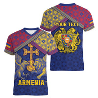 Personalized Armenia Women V-Neck T-Shirt Golden Eagle And Lion Khachkar