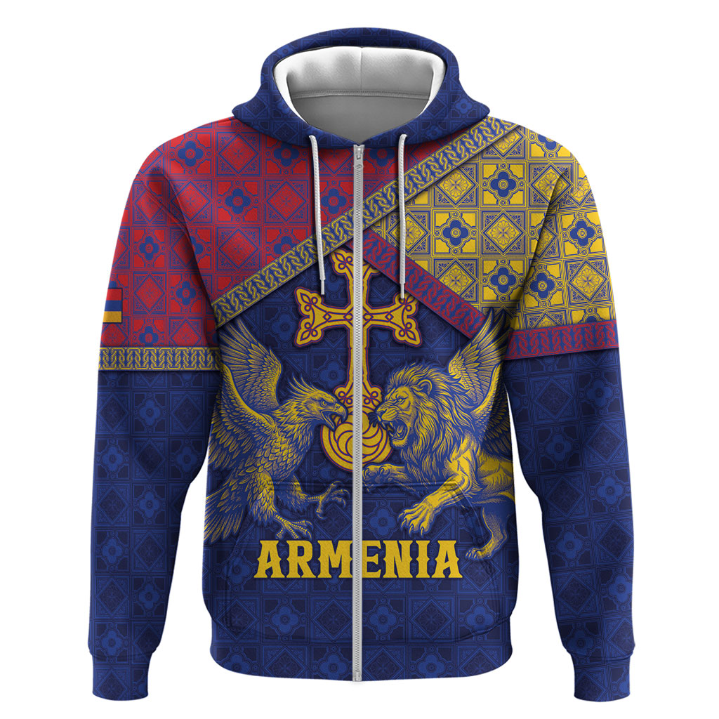 Personalized Armenia Zip Hoodie Golden Eagle And Lion Khachkar
