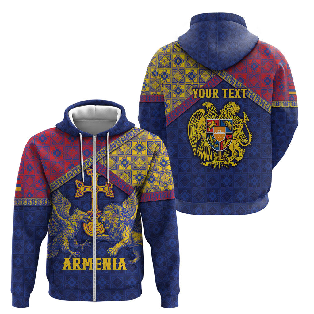 Personalized Armenia Zip Hoodie Golden Eagle And Lion Khachkar