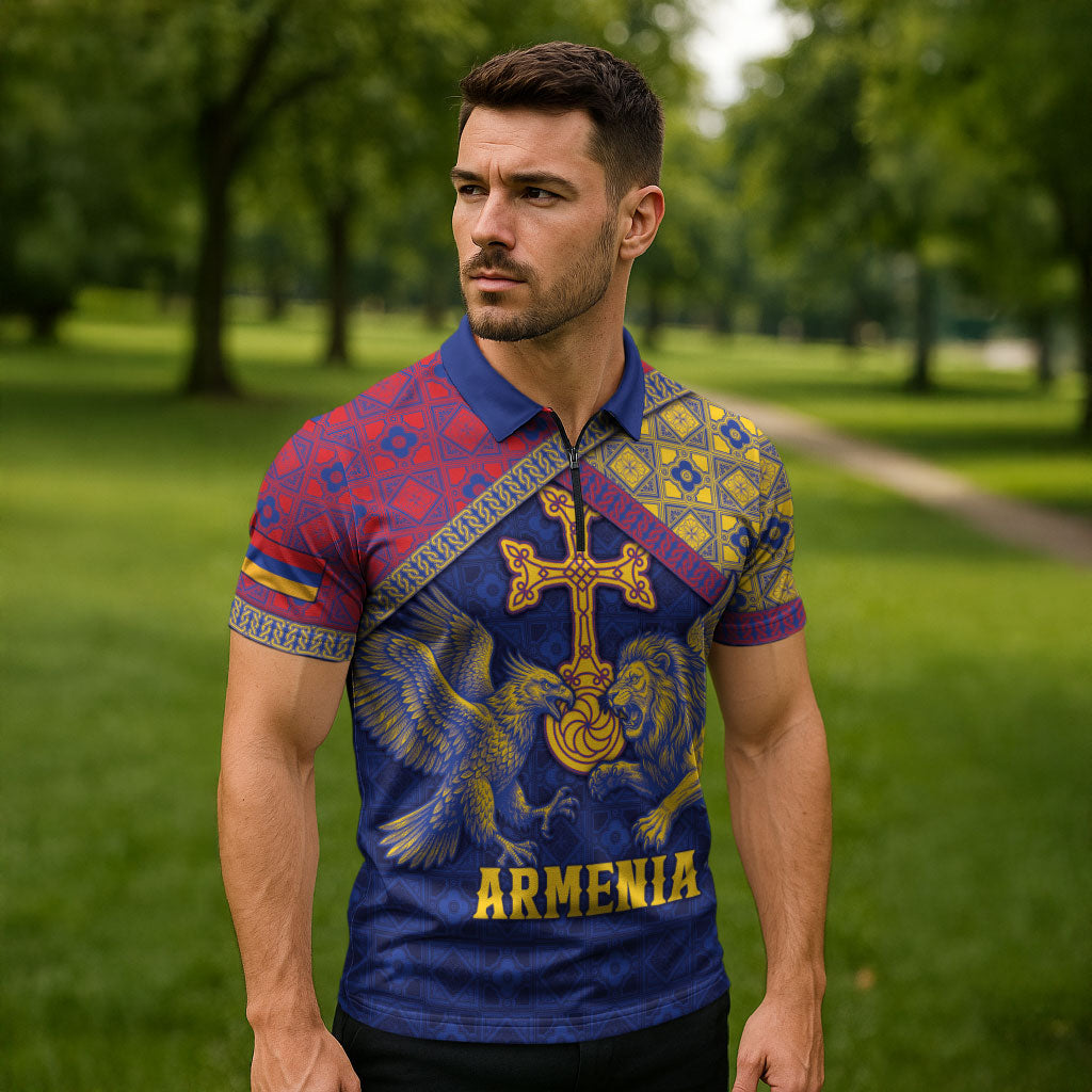 Personalized Armenia Zipper Polo Shirt Golden Eagle And Lion Khachkar