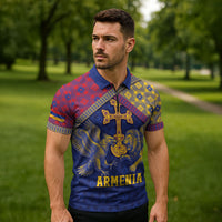 Personalized Armenia Zipper Polo Shirt Golden Eagle And Lion Khachkar