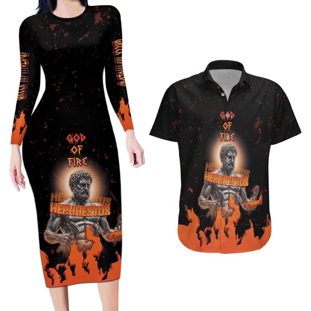 Ancient Greek Hephaestus Couples Matching Long Sleeve Bodycon Dress and Hawaiian Shirt God Of Fire - Wonder Print Shop
