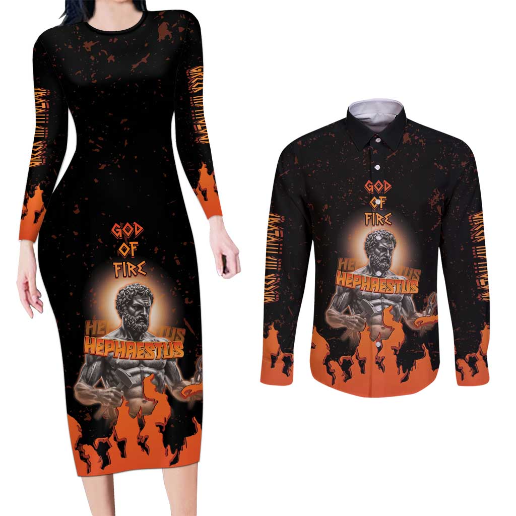 Ancient Greek Hephaestus Couples Matching Long Sleeve Bodycon Dress and Long Sleeve Button Shirt God Of Fire - Wonder Print Shop