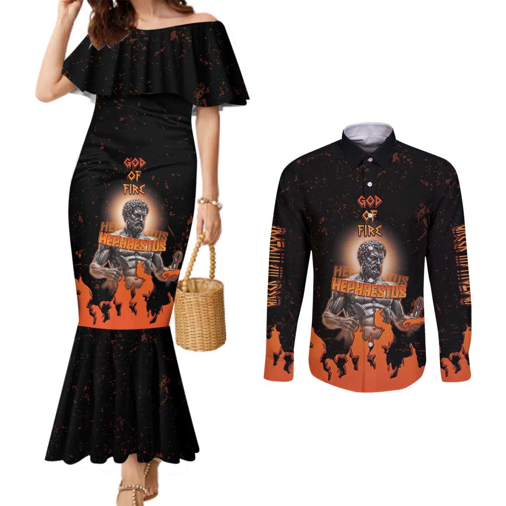 Ancient Greek Hephaestus Couples Matching Mermaid Dress and Long Sleeve Button Shirt God Of Fire - Wonder Print Shop