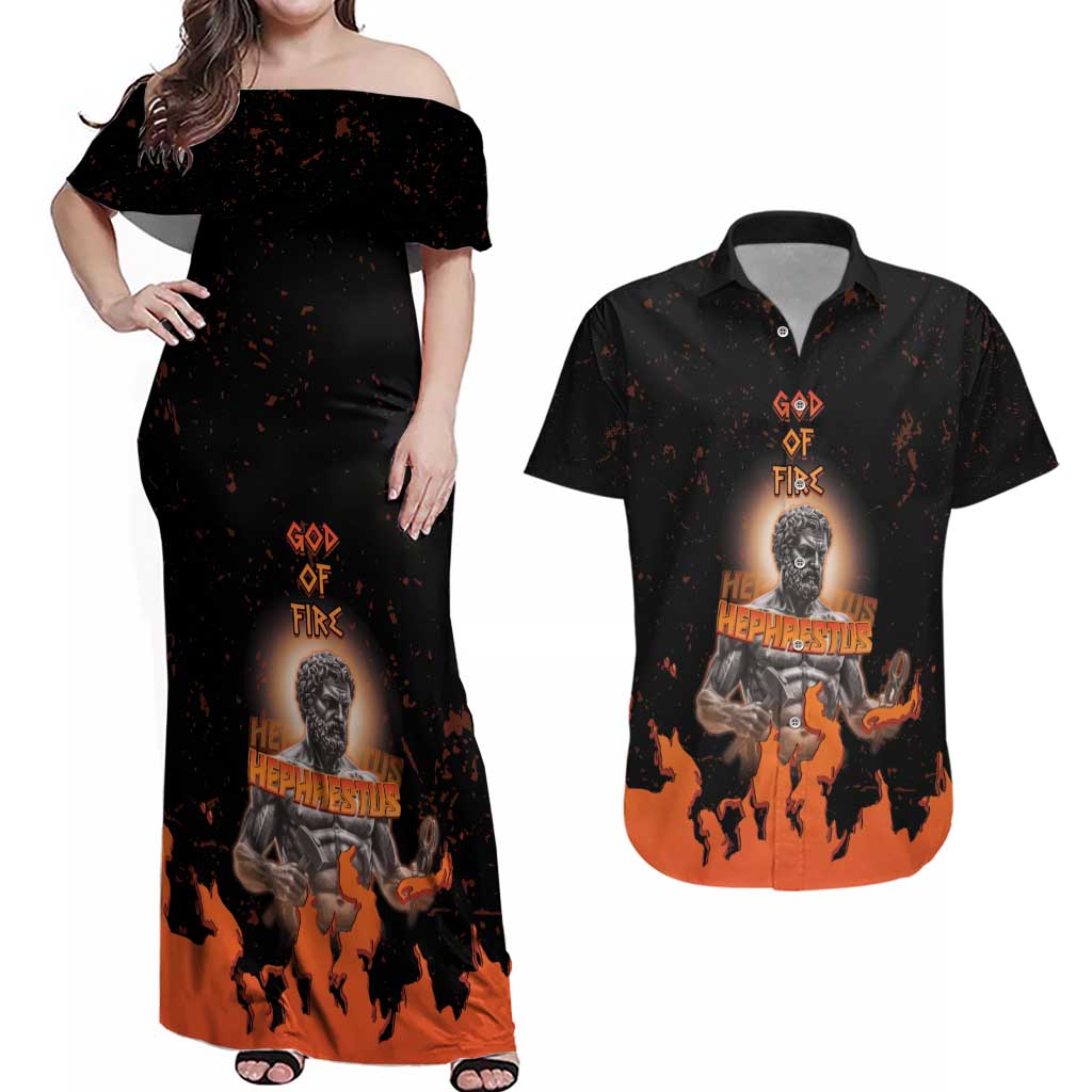 Ancient Greek Hephaestus Couples Matching Off Shoulder Maxi Dress and Hawaiian Shirt God Of Fire - Wonder Print Shop