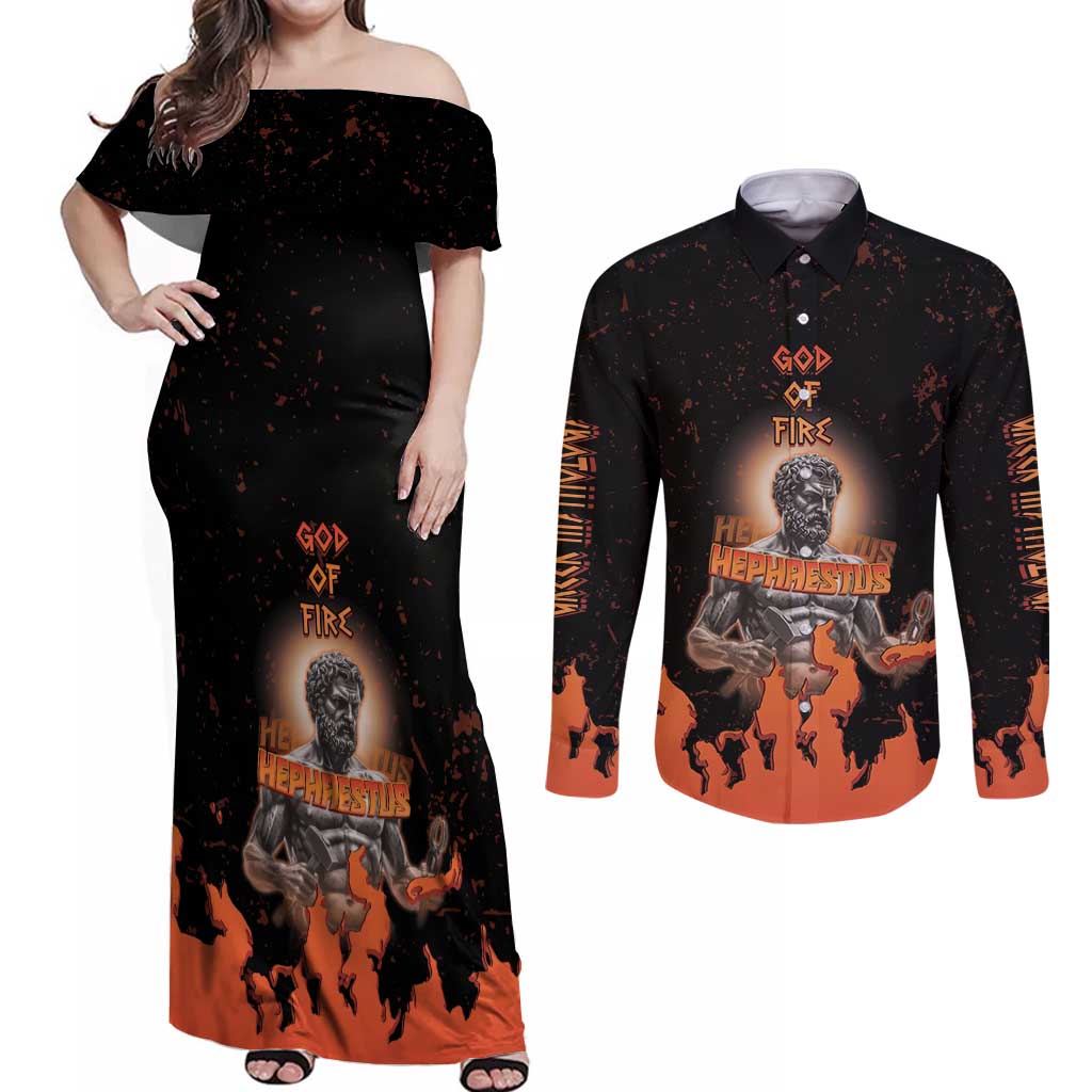 Ancient Greek Hephaestus Couples Matching Off Shoulder Maxi Dress and Long Sleeve Button Shirt God Of Fire - Wonder Print Shop