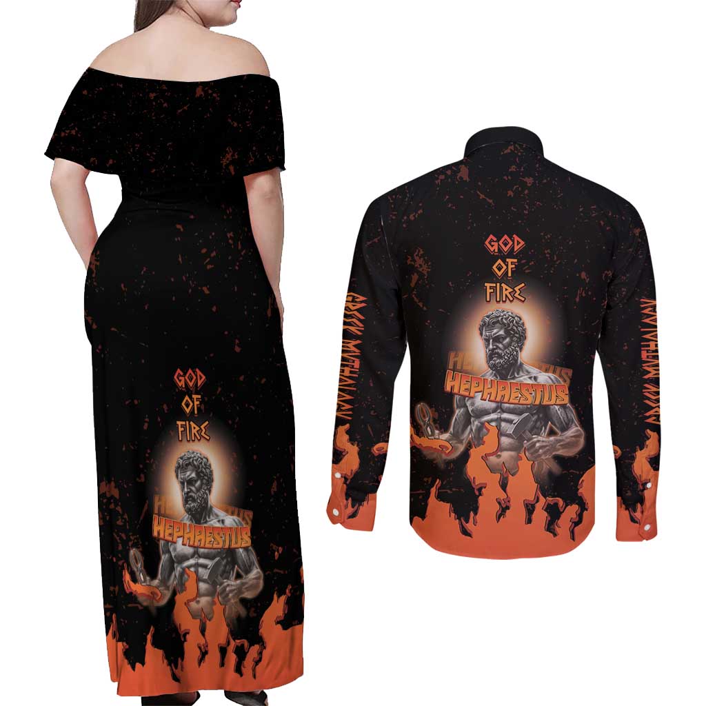 Ancient Greek Hephaestus Couples Matching Off Shoulder Maxi Dress and Long Sleeve Button Shirt God Of Fire - Wonder Print Shop