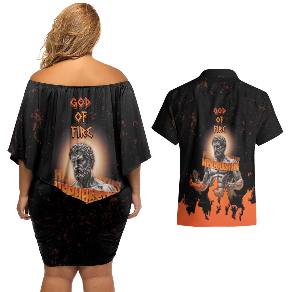 Ancient Greek Hephaestus Couples Matching Off Shoulder Short Dress and Hawaiian Shirt God Of Fire - Wonder Print Shop