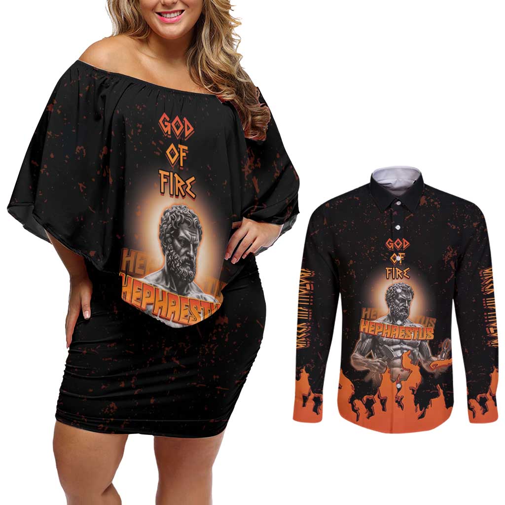 Ancient Greek Hephaestus Couples Matching Off Shoulder Short Dress and Long Sleeve Button Shirt God Of Fire - Wonder Print Shop