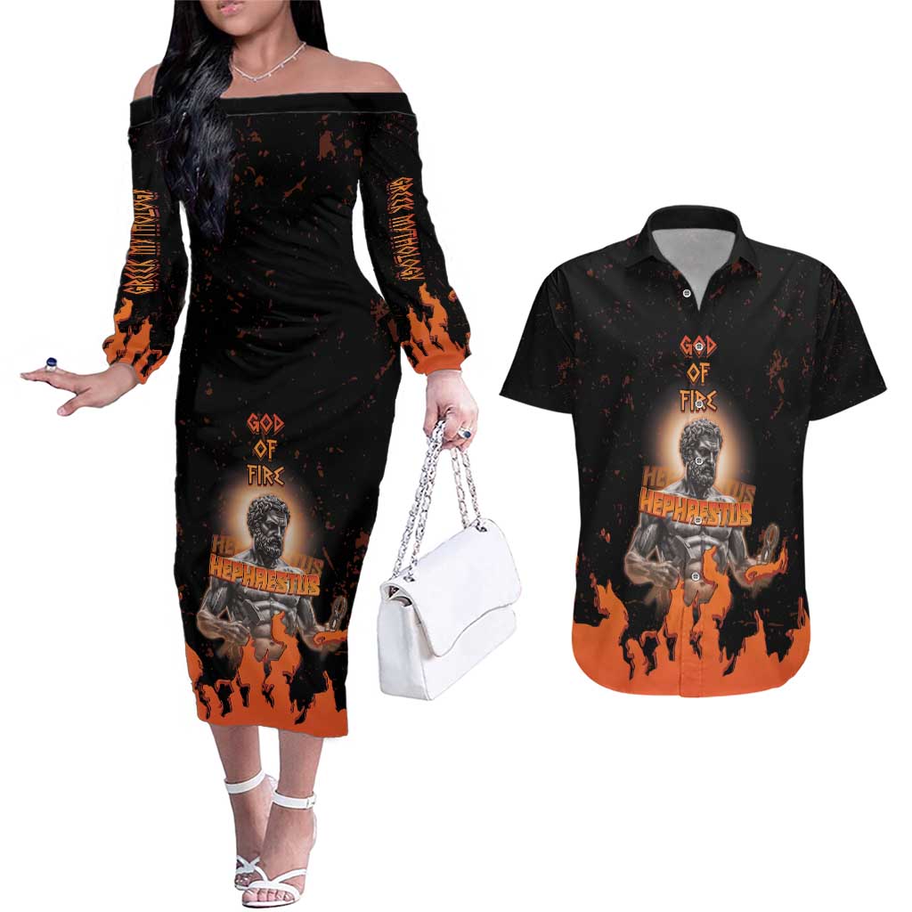 Ancient Greek Hephaestus Couples Matching Off The Shoulder Long Sleeve Dress and Hawaiian Shirt God Of Fire - Wonder Print Shop