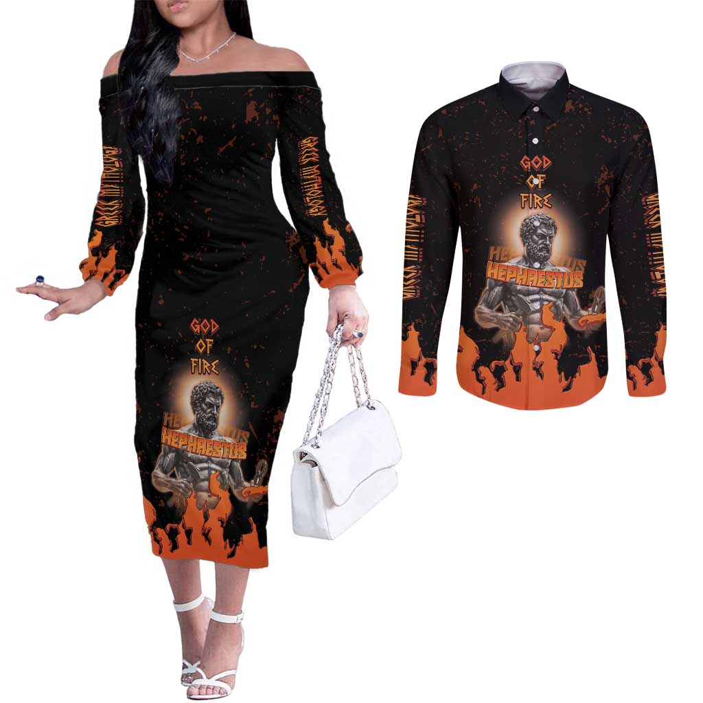 Ancient Greek Hephaestus Couples Matching Off The Shoulder Long Sleeve Dress and Long Sleeve Button Shirt God Of Fire - Wonder Print Shop