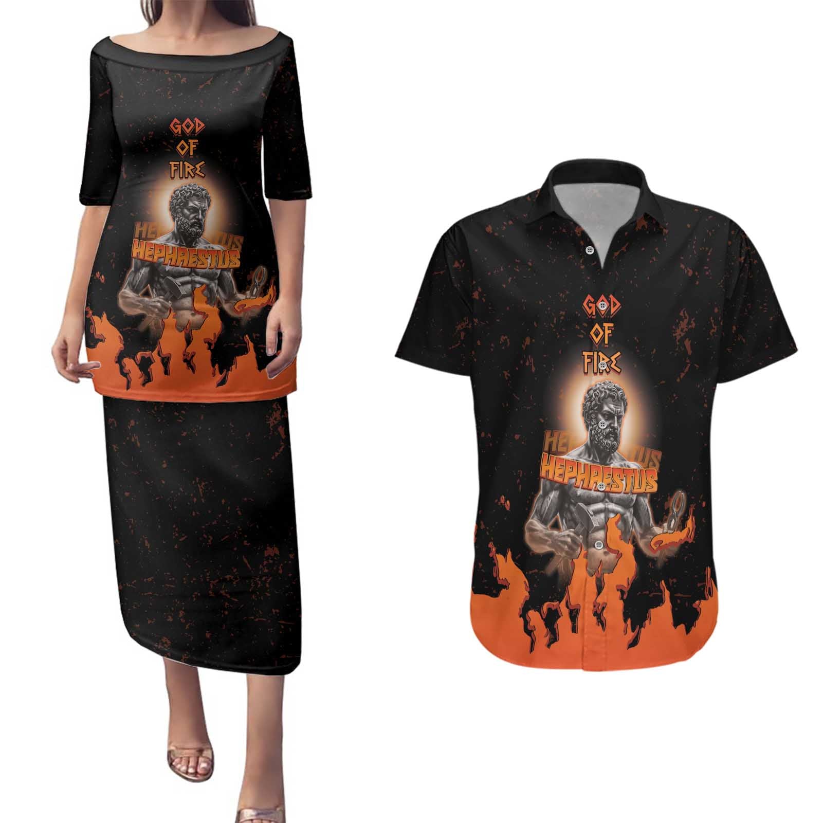 Ancient Greek Hephaestus Couples Matching Puletasi and Hawaiian Shirt God Of Fire - Wonder Print Shop