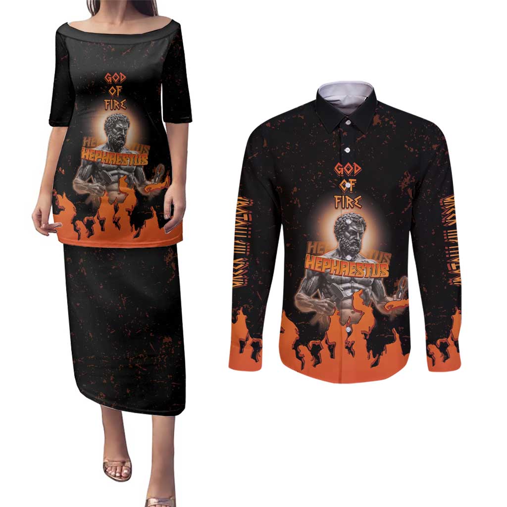 Ancient Greek Hephaestus Couples Matching Puletasi and Long Sleeve Button Shirt God Of Fire - Wonder Print Shop