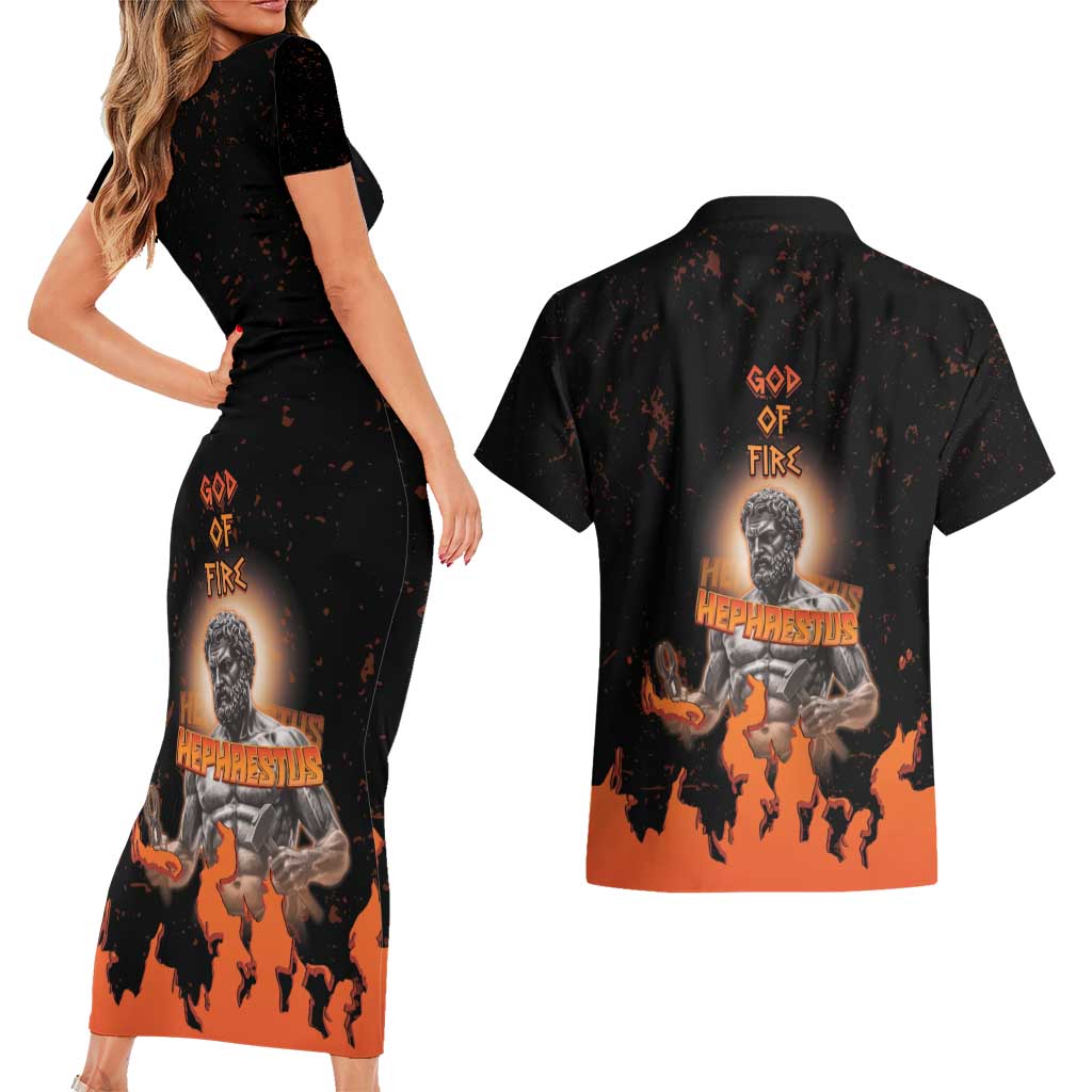 Ancient Greek Hephaestus Couples Matching Short Sleeve Bodycon Dress and Hawaiian Shirt God Of Fire - Wonder Print Shop