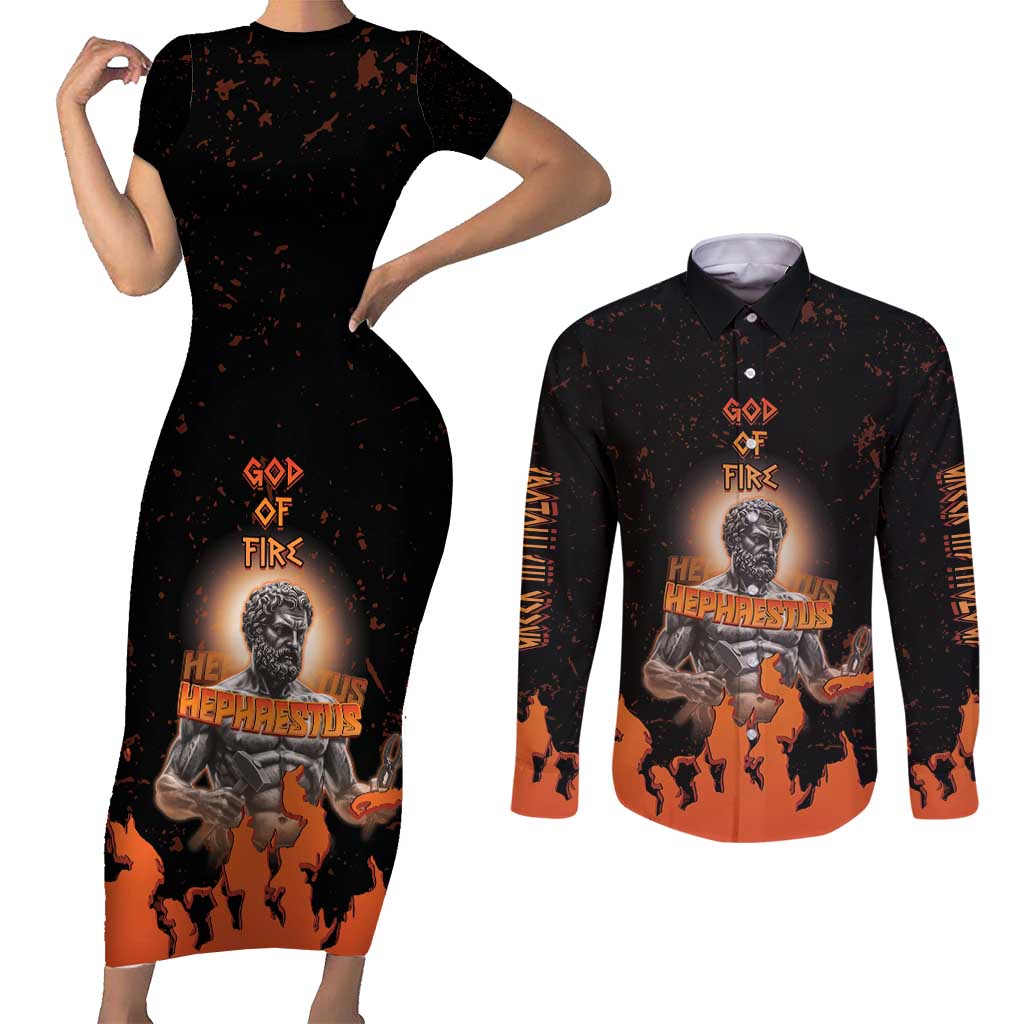 Ancient Greek Hephaestus Couples Matching Short Sleeve Bodycon Dress and Long Sleeve Button Shirt God Of Fire - Wonder Print Shop